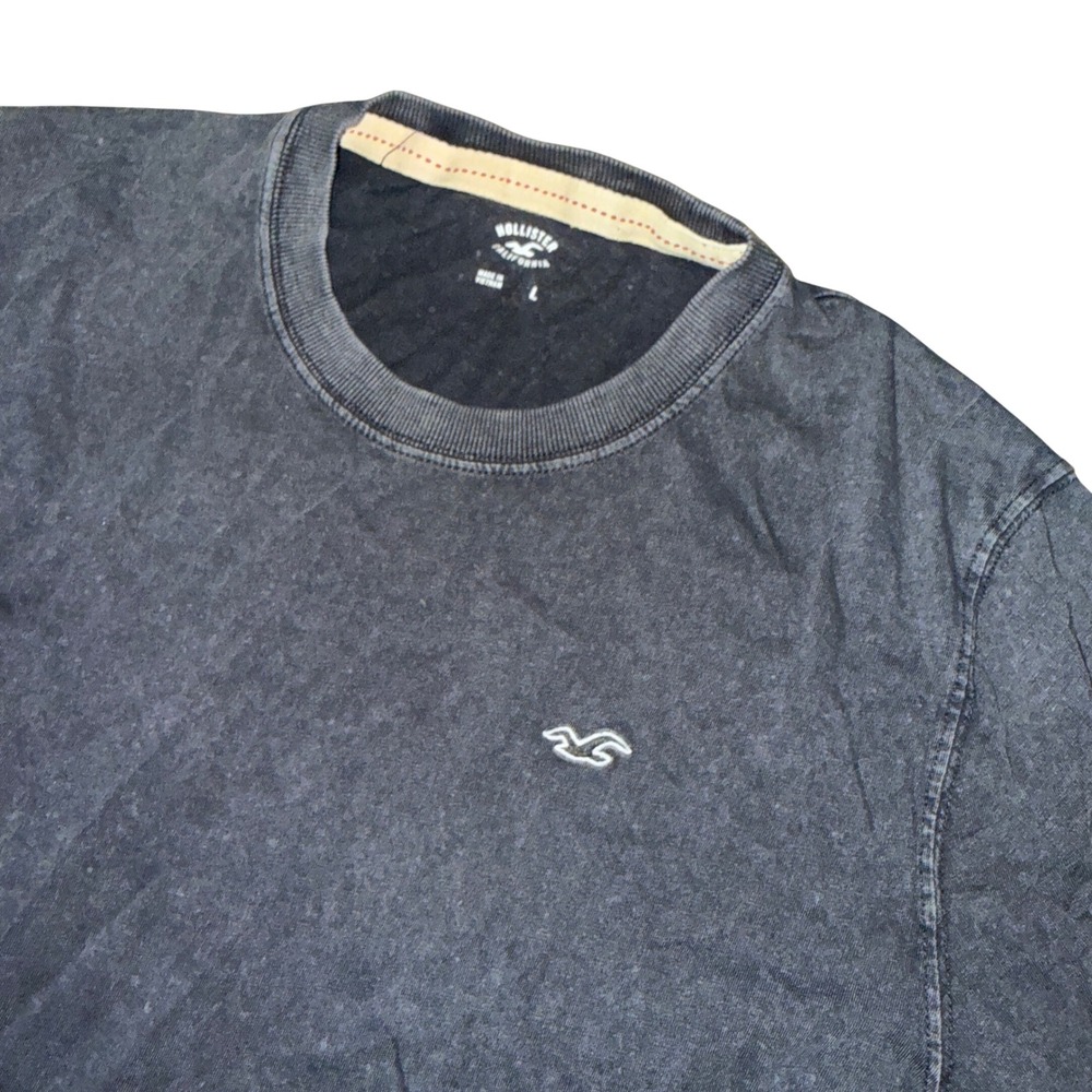 Hollister T-Shirt Large Black Acid Wash Embroidered Seagull Logo Crewneck Tee
